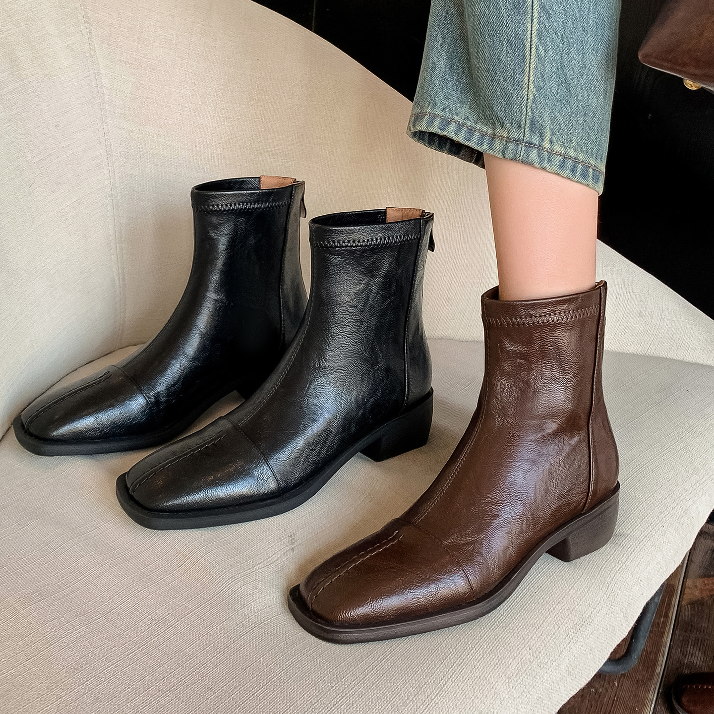 4cm粗跟方头短靴子女2025新款