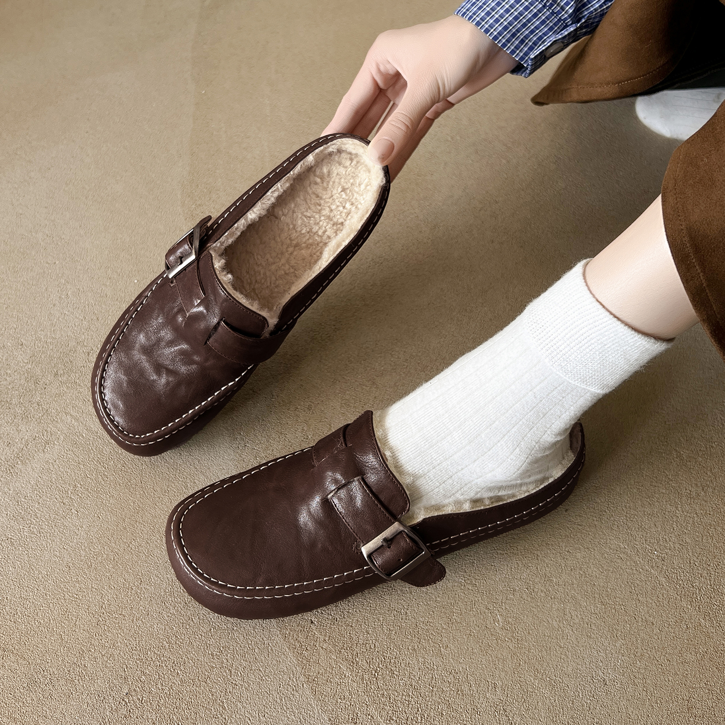 懒人扣带保暖毛毛棉鞋勃肯半拖鞋