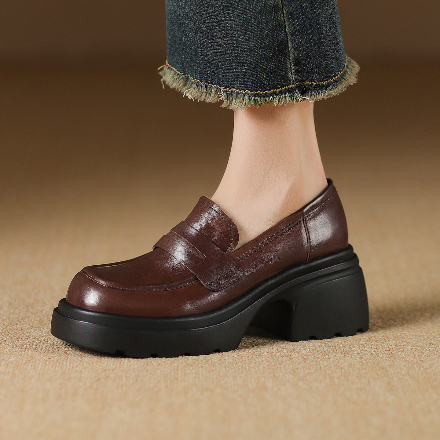 深口增高乐福鞋黑色小皮鞋百搭