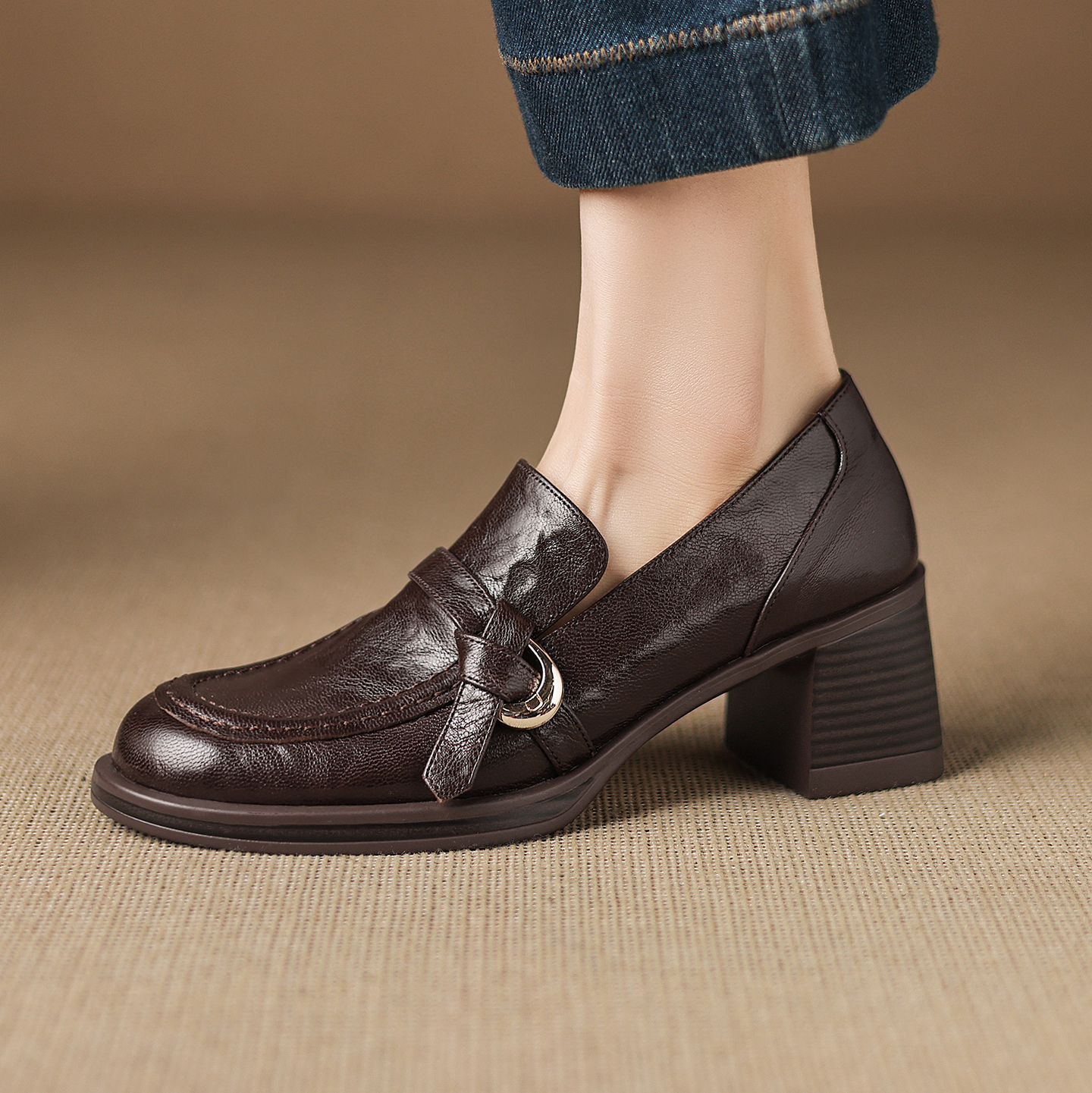 加绒保暖粗跟高跟鞋真皮乐福鞋