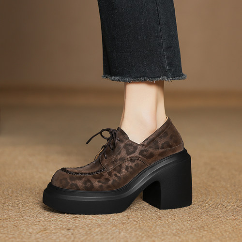 粗跟厚底松糕鞋圆头高跟休闲豹纹