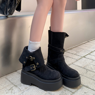 7cm厚底增高两穿马丁靴女2025新款 靴子皮带扣骑士靴 百搭中筒时装