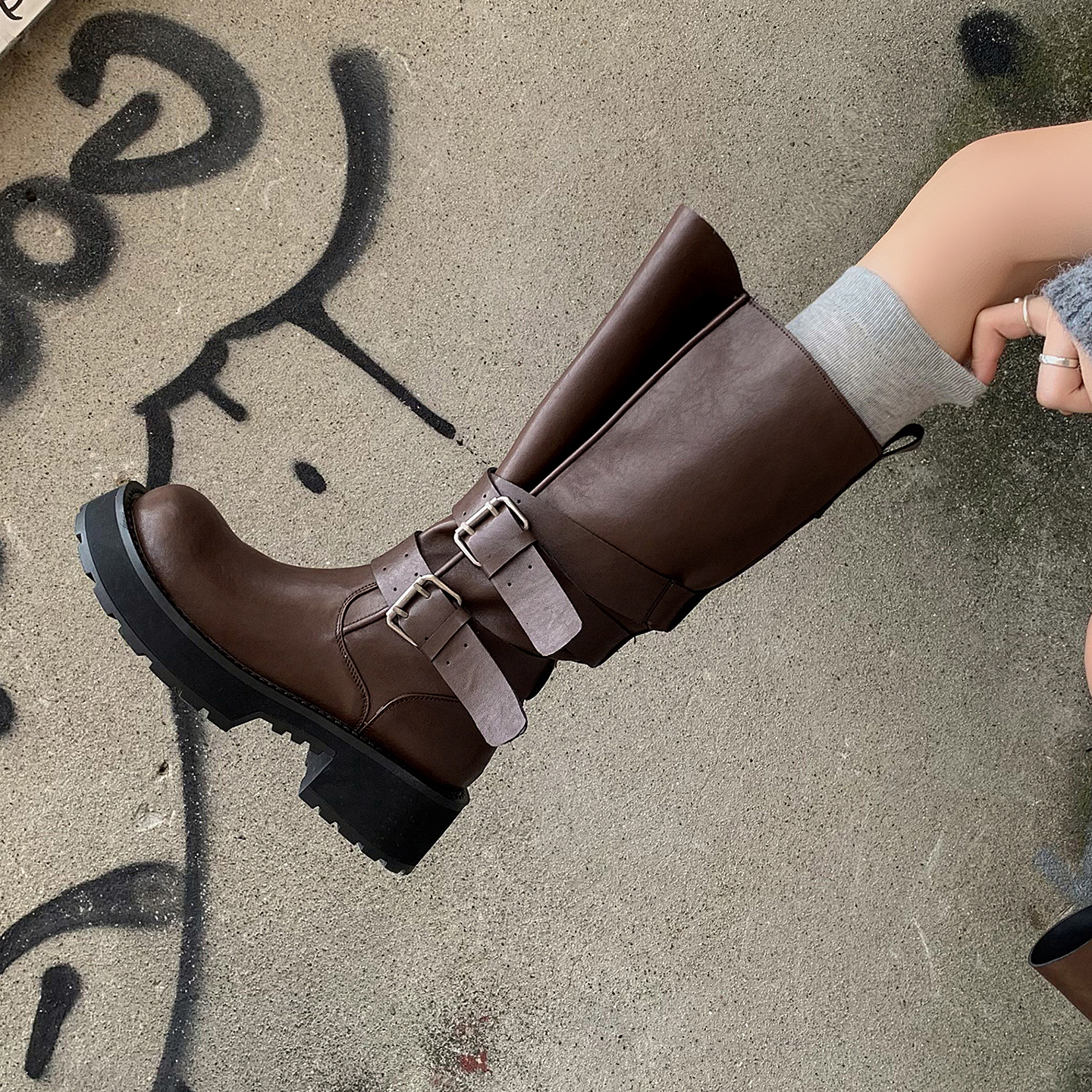 束口大筒围厚底增高机车长筒靴