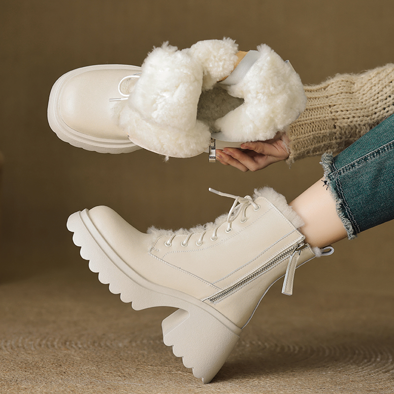 羊皮毛一体雪地靴女真皮粗跟系带
