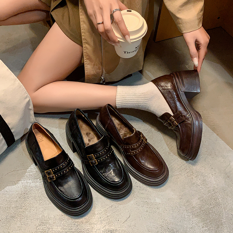 真皮厚底高跟一脚蹬乐福鞋女百搭