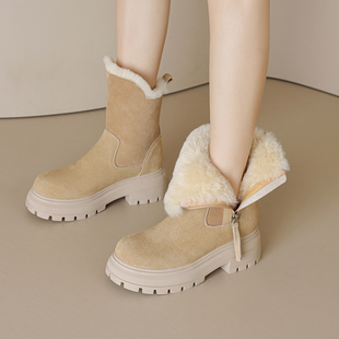 6cm羊皮毛一体雪地靴女冬季 中跟厚底毛毛短靴子 真皮加厚毛大棉鞋