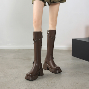 8cm厚底高跟高筒靴女2025新款骑士靴真皮小个子加宽大筒围长筒靴