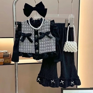 婴儿衣服春秋款女童小香风马甲喇叭裤套装三件套外出服女宝宝春装