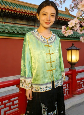 罗绮者早春新款草绿色100%天丝重工刺绣盘扣上衣+黑提花刺绣长裙