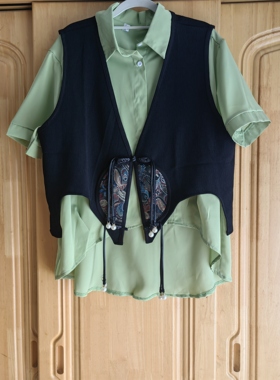 罗绮者时尚百搭黑色民族风马甲绿色衬衫前短后长衬衫刺绣马甲套装