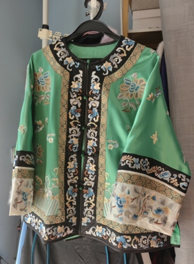 罗绮者75号重工刺绣醋酸对襟绿色大袖衫外套加厚春款太太服超美的