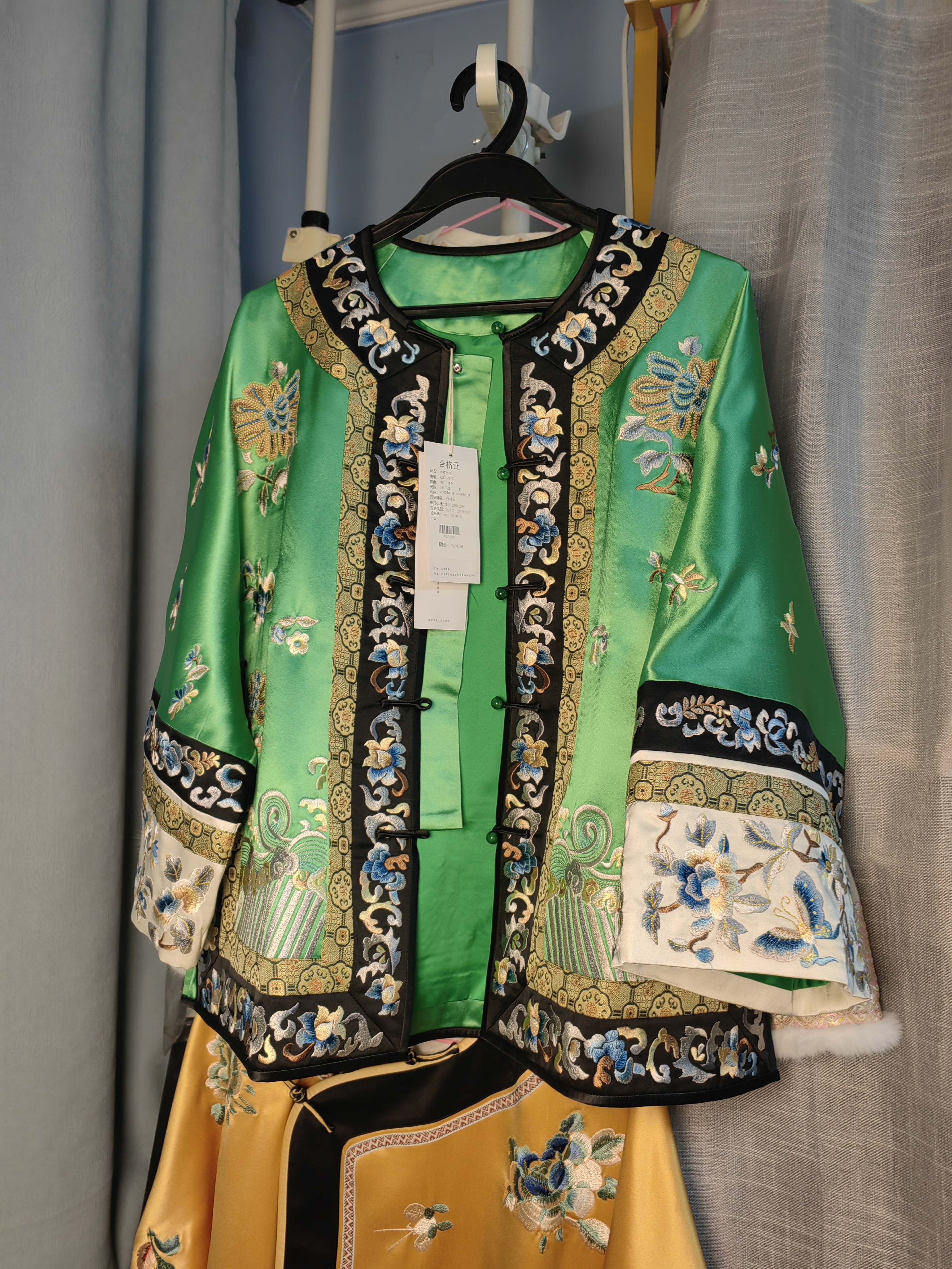 罗绮者国风重工刺绣醋酸对襟绿色大袖衫外套加厚春款太太服超美的