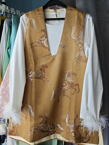 罗绮者120马到成功织金马甲对襟坎肩宝蓝醋酸真丝绒白丝绒上衣