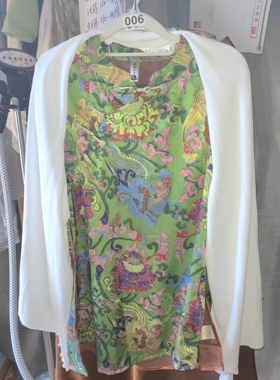 罗绮者新中式绿色短袖衬衫女旗袍衫凤凰牡丹提花上衣白色针织外套