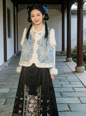 罗绮者新中式刺绣加绒加毛马甲+一片式重工刺绣黑色蝴蝶提花长裙