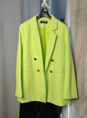 罗绮者果绿色西装外套女长袖双排扣休闲西服上衣荧光黄色西服外套