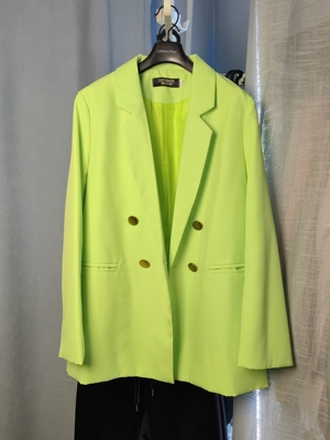 罗绮者果绿色西装外套女长袖双排扣休闲西服上衣荧光黄色西服外套