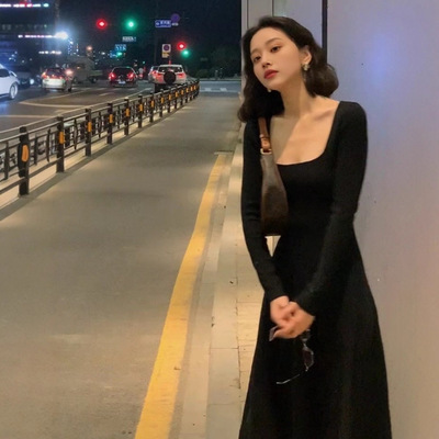 【现货】小众不撞款裙子巨好看的早秋法式小资气质长袖黑色连衣裙