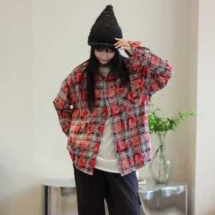 BR美式复古街头磨毛格子长袖衬衫男秋潮牌原创设计衬衣外套女