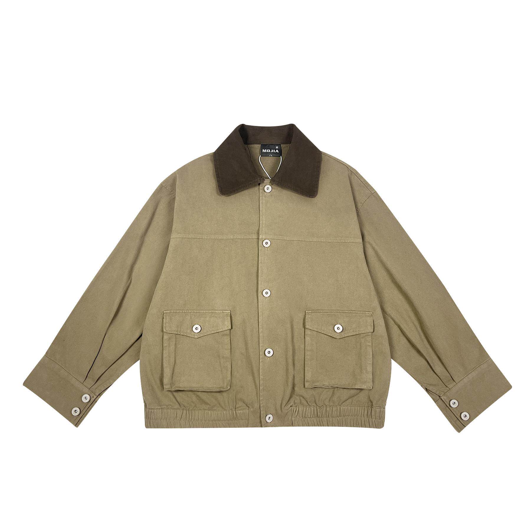 BR美式复古格子翻领拼色长袖衬衫男女情侣宽松休闲飞行夹克外套