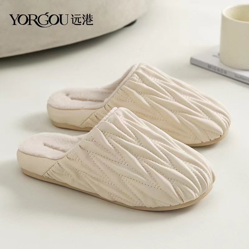 远港褶皱棉拖鞋女款秋冬季家用保暖加绒家居情侣地板皮拖鞋男5118