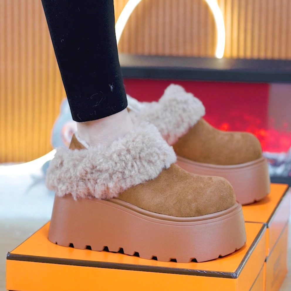 两穿厚底一脚蹬7cm毛毛棉鞋女潮2025新款冬季增高休闲百搭勃肯鞋