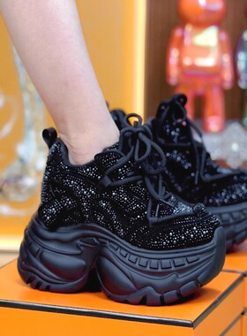 厚底内增高小个子水钻松糕老爹鞋女2025年秋季新款9cm运动休闲鞋