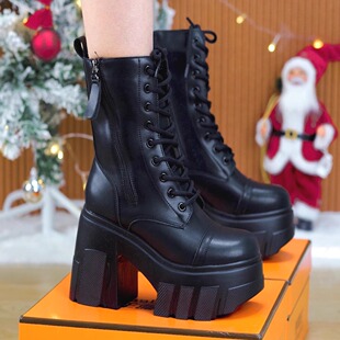 11cm超高跟马丁靴女2025新款小个子显瘦低帮骑士靴厚底系带短靴
