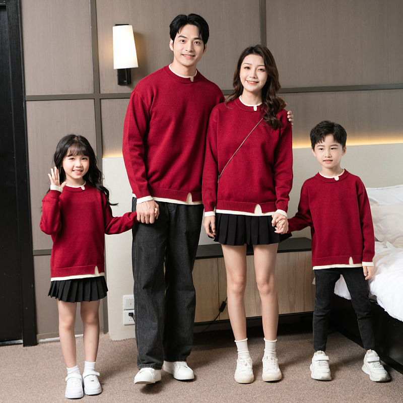 过年亲子装全家福红色毛衣一家三口四口2025新年母子母女装拜年服