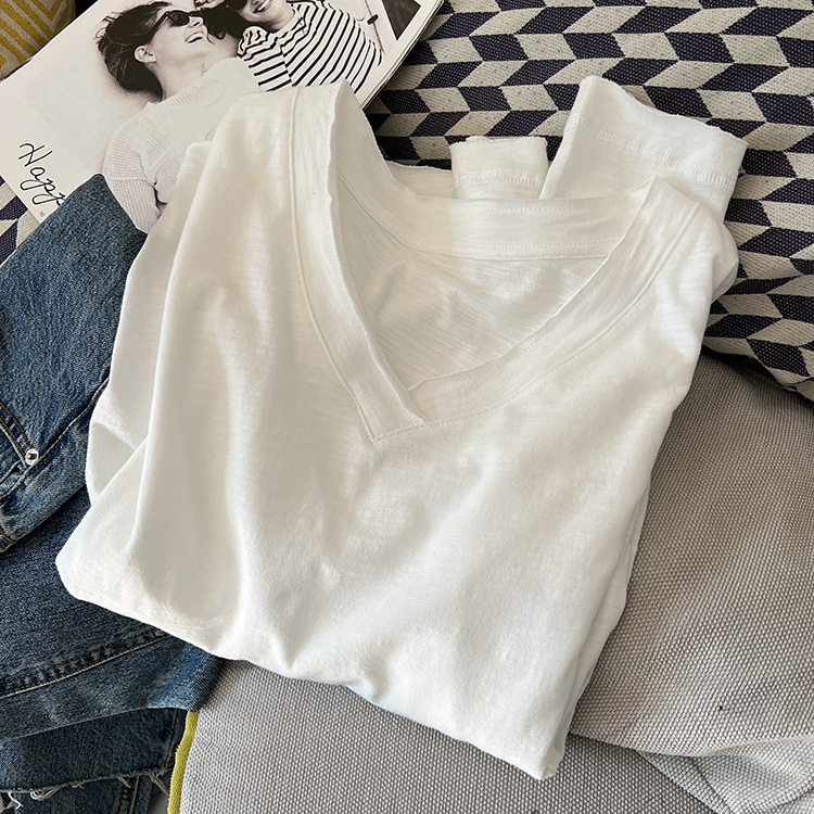 双层V领长袖T恤女2025春季新款竹节棉宽松显瘦百搭纯棉打底衫上衣