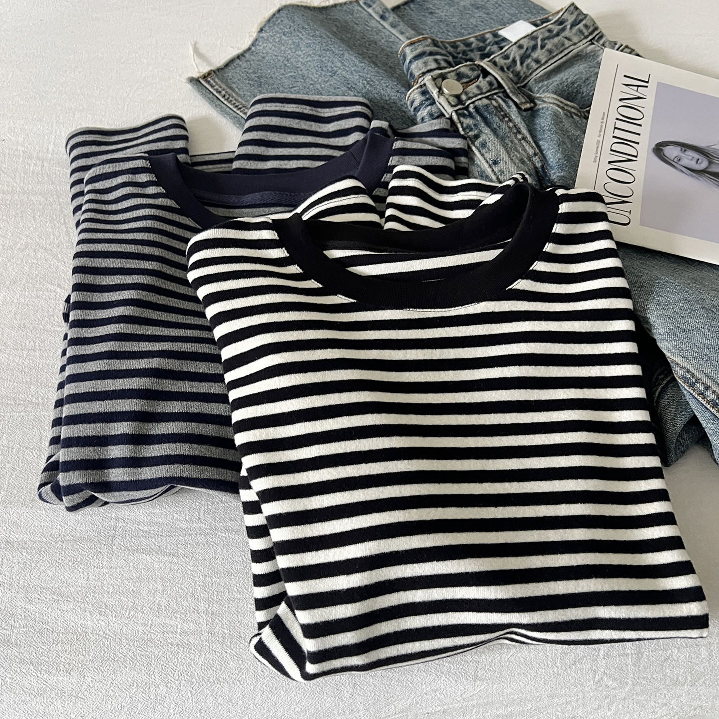 磨毛条纹长袖圆领T恤女秋冬