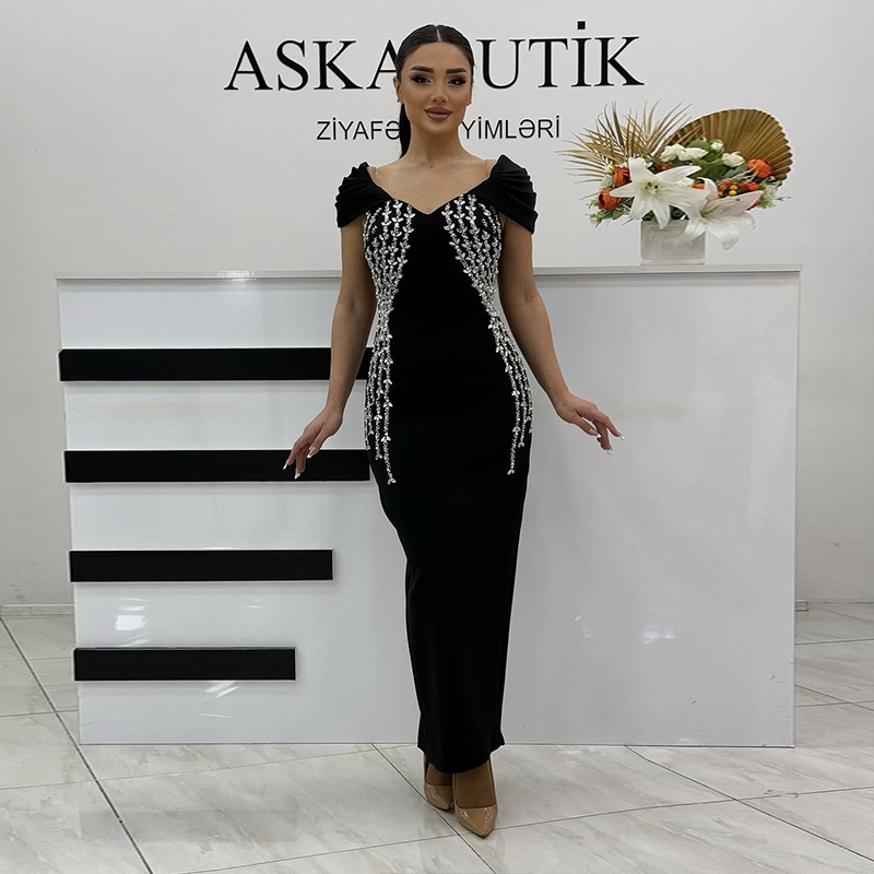 欧美黑色时尚优雅弹力修身性感派对聚会名媛长款绷带裙连衣裙礼服