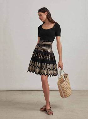 黑色提花短袖修腰时尚休闲名媛蓬裙连衣裙Herve Leger绷带裙礼服