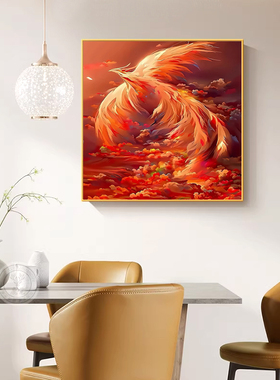现代中式轻奢风客厅装饰画红色火凤凰寓意入户玄关走廊挂画餐厅画