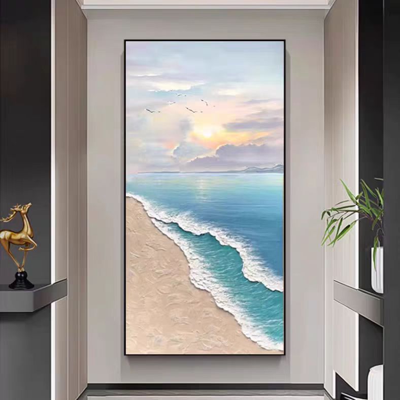 旭日东升客厅现代大海高级卧室玄关日出简约装饰画感挂画竖版入户