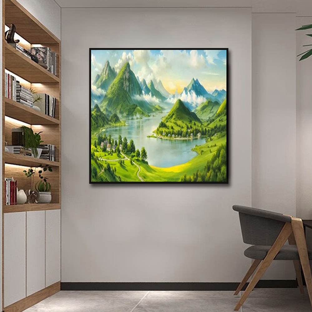 正方形办公室挂画青山绿水玄关装饰画背景墙客厅靠山图招财聚宝盆图片