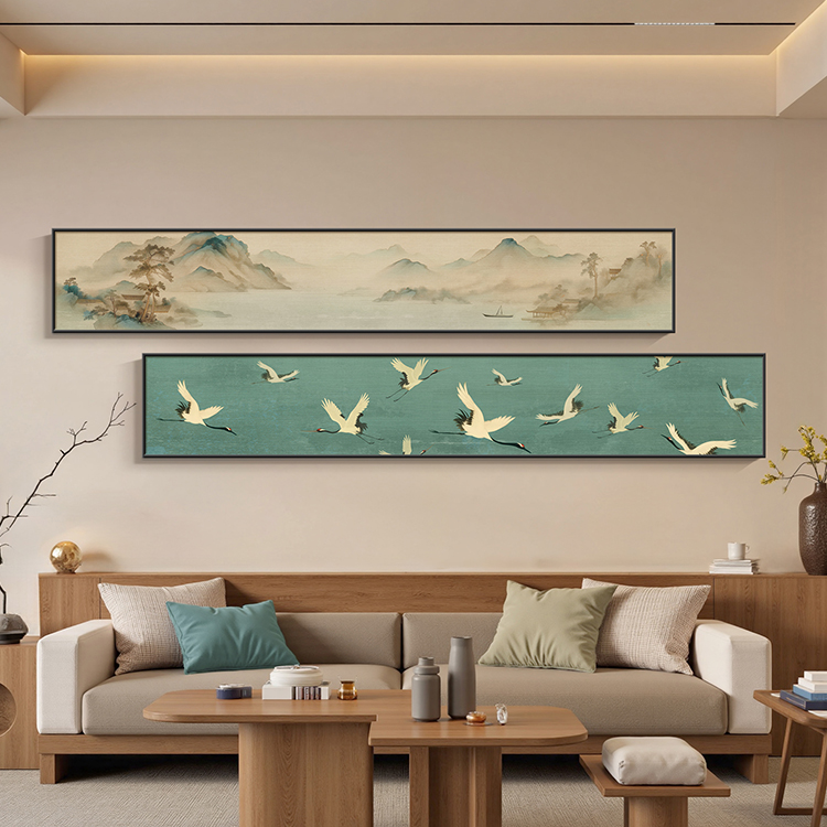 长条卧室窄中式画背景墙瑞鹤图山水挂画客厅装饰画沙发美学宋氏新