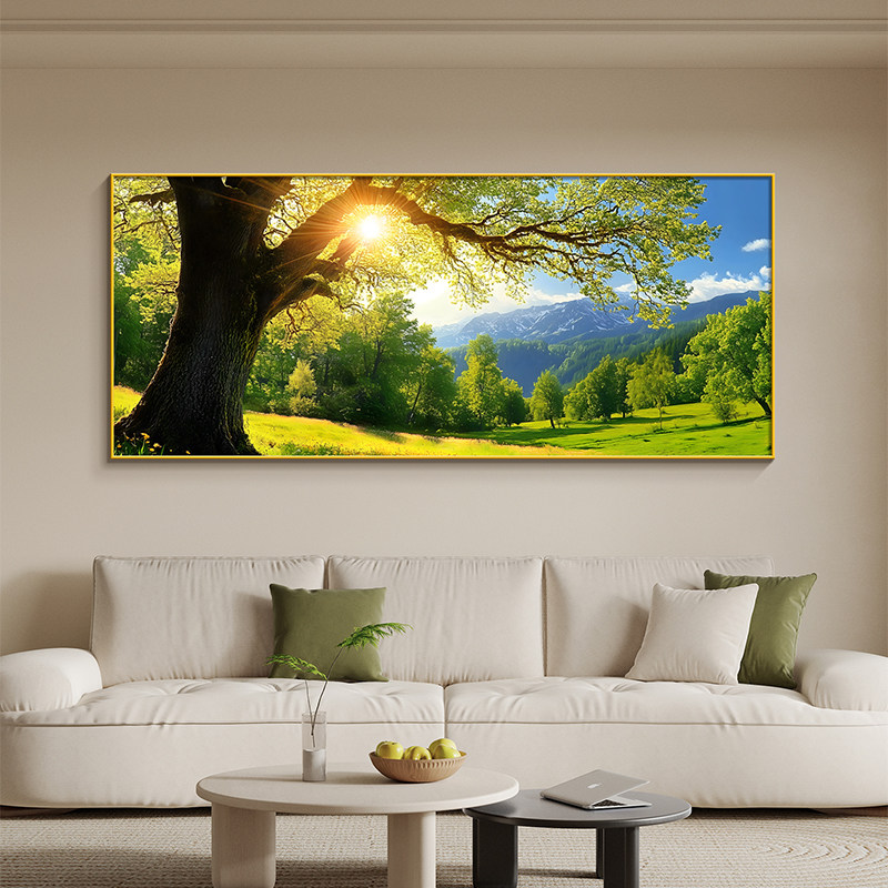 装饰画简约客厅背景墙自然风景大树瓷画树木现代绿色画沙发挂画晶