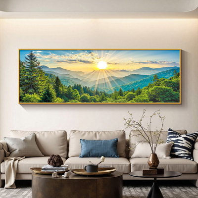 挂画森林客厅大气背景墙无水沙发靠山旭日东升图风景画装饰画有山