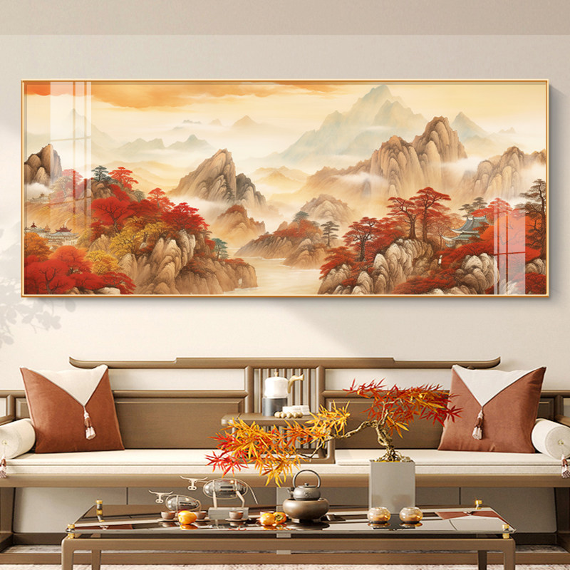 当头客厅画鸿运图大装饰画挂画有山国画山水画背景墙沙发无水靠山