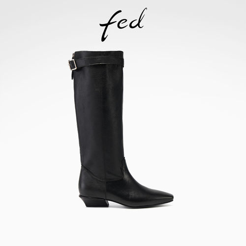 fed黑色真皮长筒靴女方头低跟侧拉链褶皱显瘦气质通勤秋冬高筒靴S