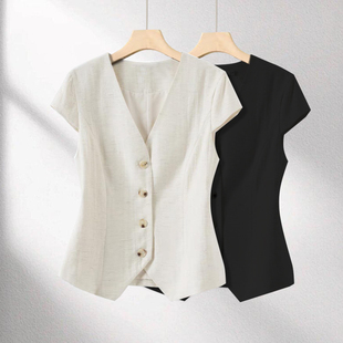 薄款亚麻马甲女款时髦洋气夏季新款外搭上衣短袖西装棉麻背心马夹
