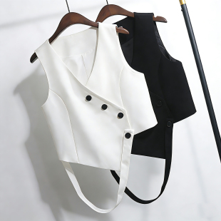 法式高级感黑色白色西装马甲女春秋外搭洋气不对称纽扣短款背心