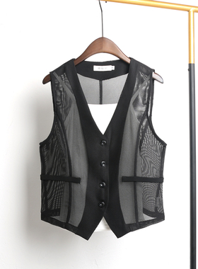 黑色马甲夏季薄款女款外穿夏天短款上衣镂空西装背心马夹外搭开衫