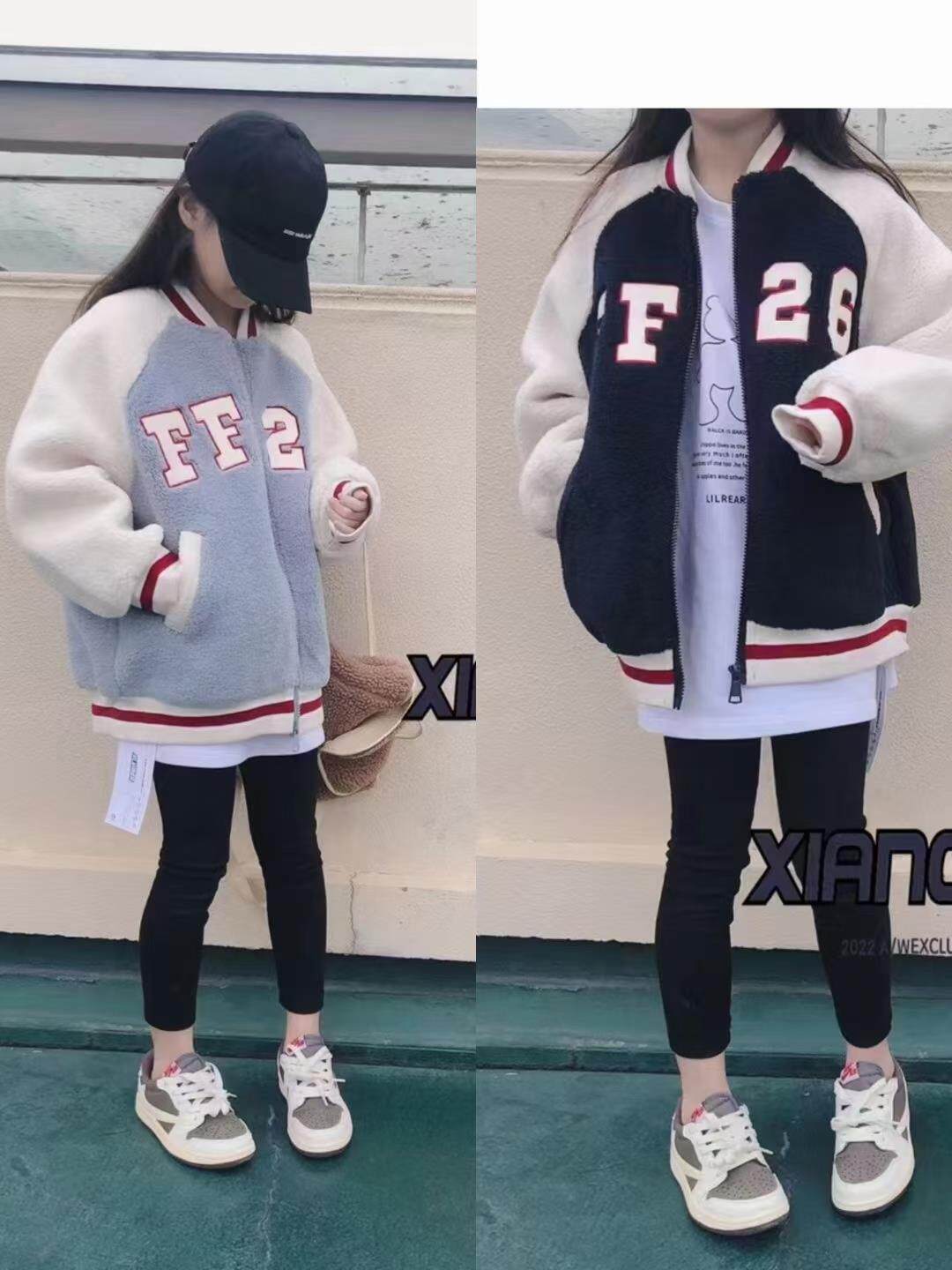 波拉象盟童装男女中大童儿童冬新款皮毛一体棒球服羊羔毛加厚外套