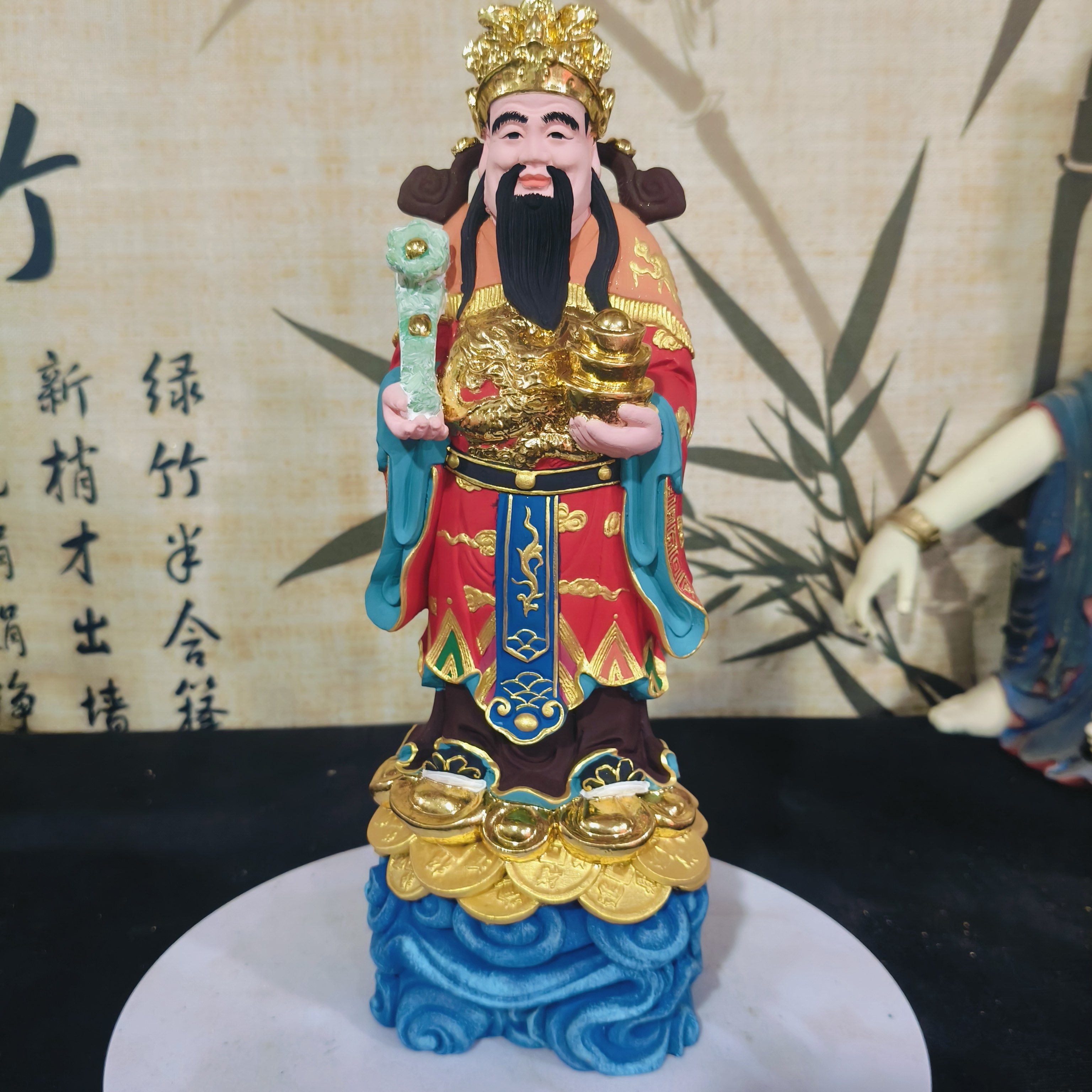 桧木雕刻官帽元宝财神爷工艺品摆件招财家居装饰品送礼现货