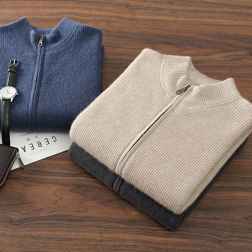 羊绒外套男100%纯山羊绒开衫元宝针秋冬季新款加厚立领拉链针织衫