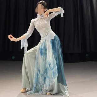 大码青花瓷古典舞服装中国舞练功服栀子花演出服艺考纱衣套装蓝色