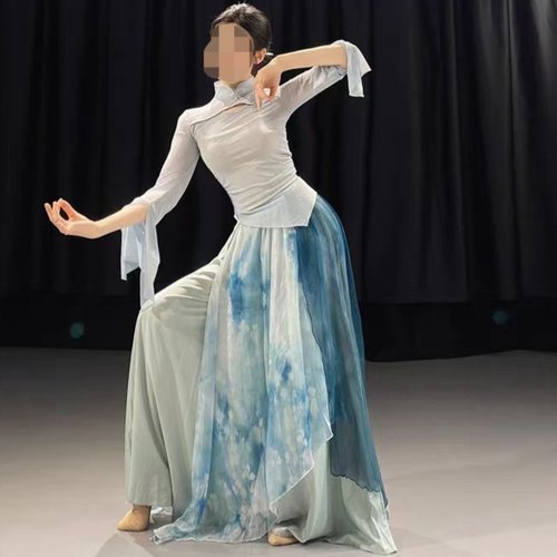 大码青花瓷古典舞服装中国舞练功服栀子花演出服艺考纱衣套装蓝色