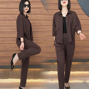女大碼 寬松顯瘦開衫 時尚 哈倫褲 兩件套潮 中老年套裝 2024春夏新款